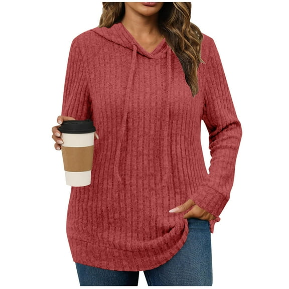 Lenpel Women's Plus Size Hoodies Ribbed Knit Drawstring Long Sleeve Shirts Soft Casual Tunic Tops Lightweight Knit Sweaters(Watermelon Red,X-Large)
