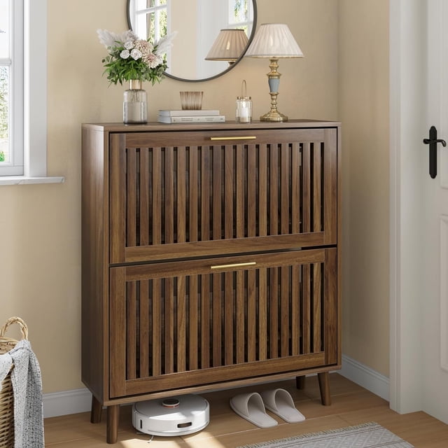2-Tier Slatted Shoe Storage Cabinet, Narrow Freestanding Shoe Organizer with Pull-Down Doors, Shoe Rack Cabine