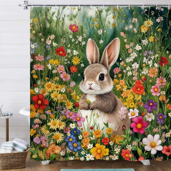 Easter Bunny Garden Shower Curtain Set, Easter Colorful Floral Spring Flower Plants Bunny Rabbits Fabric Shower Curtains for Bathroom