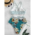 thumbnail image 5 of ZAFUL for Women Swimsuit Floral Striped Crisscross Knot Tankini Swimsuit Greenish Blue XL, 5 of 7