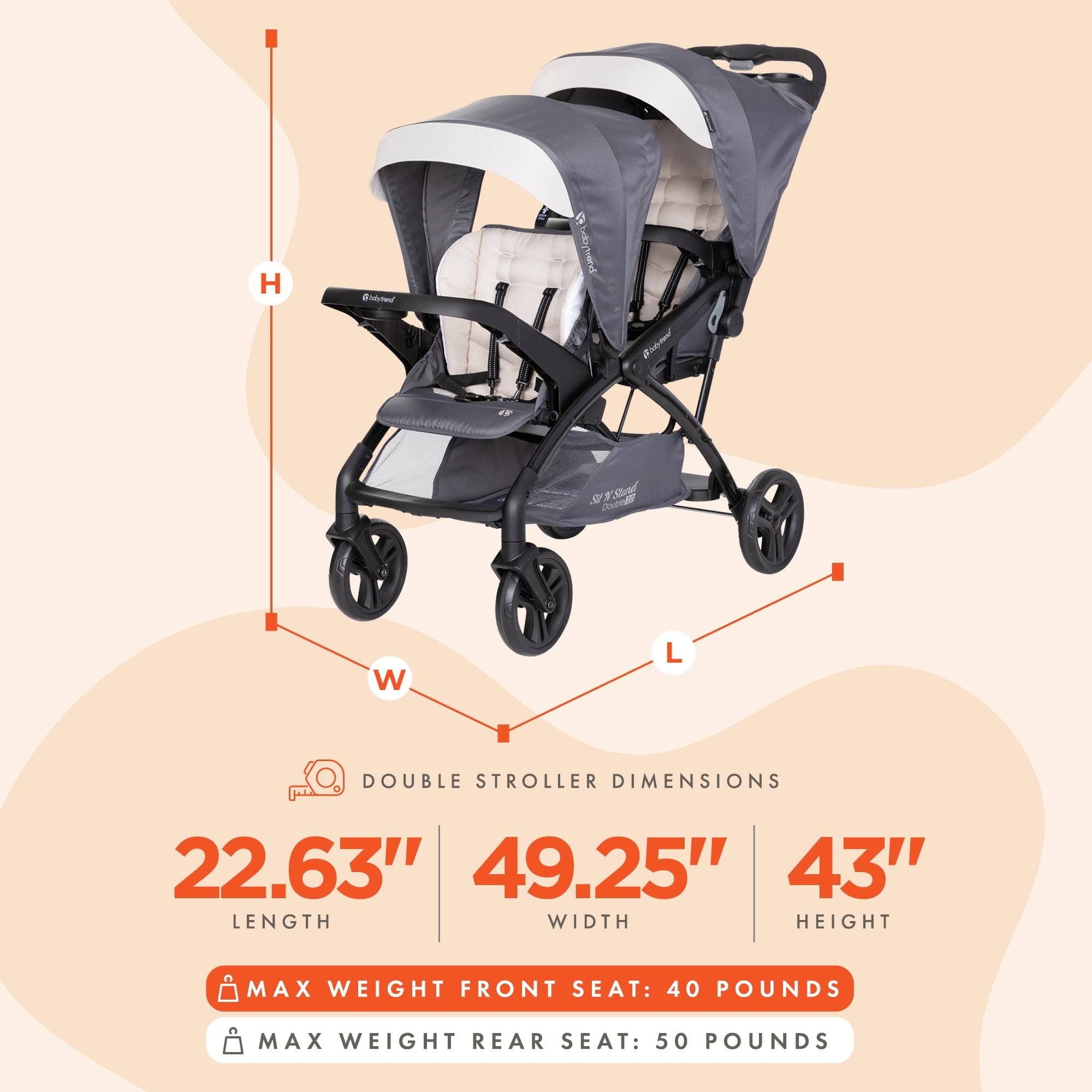 Open Box Baby Trend Sit N' Stand Double Stroller w/5 Point Harness, Magnolia