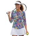thumbnail image 2 of HUIACONG Women's Golf Polo Shirts for Sports Outdoor Activities, Polyester Spandex Fabric Quick Drying 3/4 Sleeve Quarter Zip Golf Top, Colorful Abstract Pattern, 2 of 10