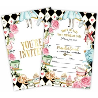 Alice in Wonderland Birthday, Baby Shower Invitations, Tea Party  Invitations, 20 Invitations + 20 Envelopes, black