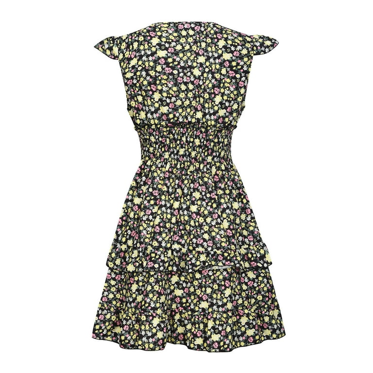 IROINNID V Neck A Line Dress For Women Fashion Summer Casual Flory Print Ruffle Sleeve Mini Dress Comfort Waist Dress Walmart