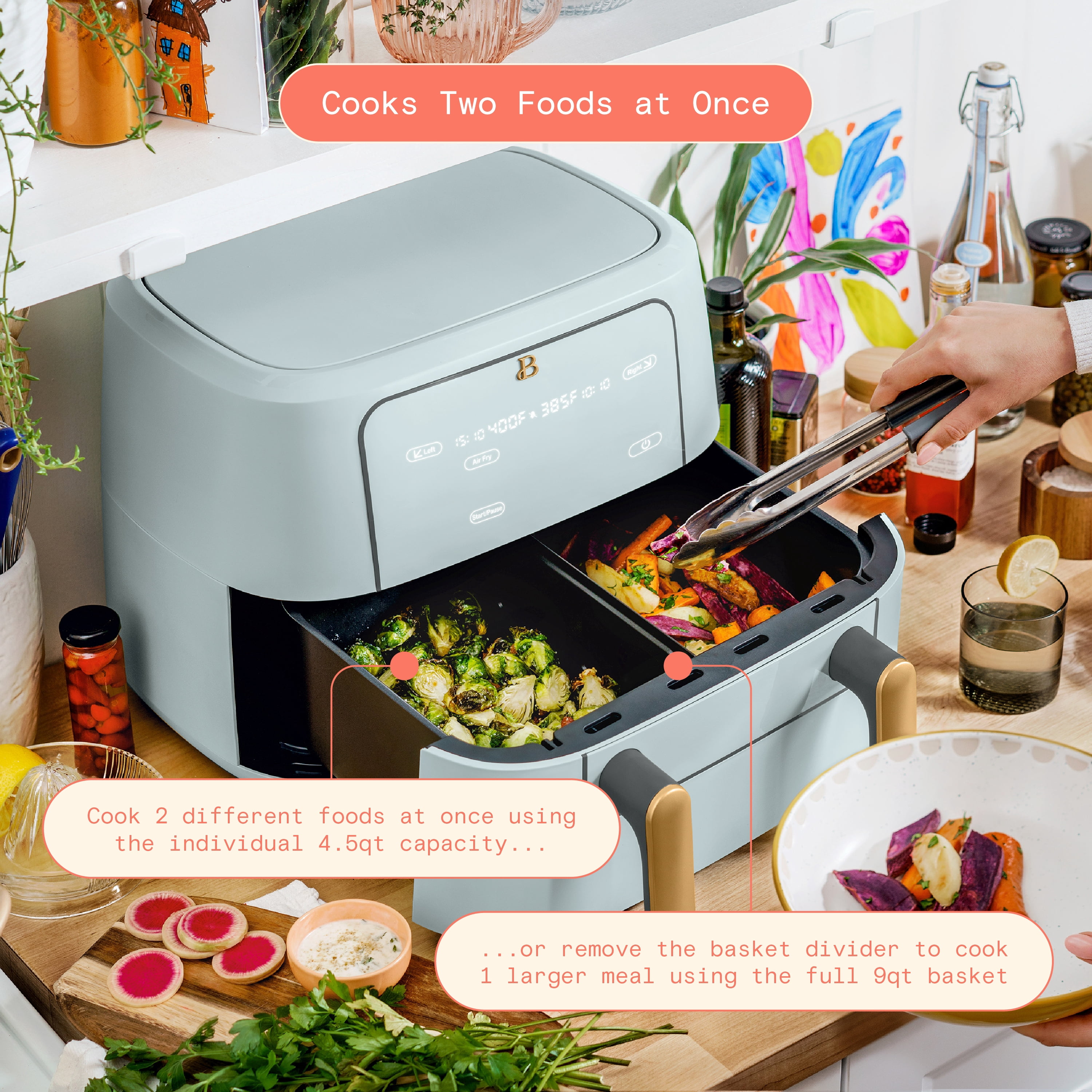 Beautiful 9 Qt TriZone Dual Basket Air Fryer, EverGood™ Ceramic Nonstick Coating, Hydrangea by Drew Barrymore