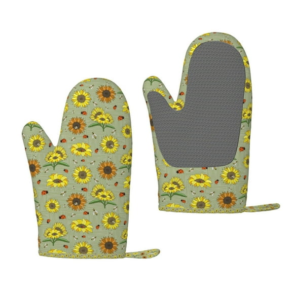 Hirioo Sage Green With Sunflowers for Silicone Oven Mitts for BBQ, Baking, Cooking, Set of 2, Heat Resistant 260℃, Non-Slip Kitchen Essentials