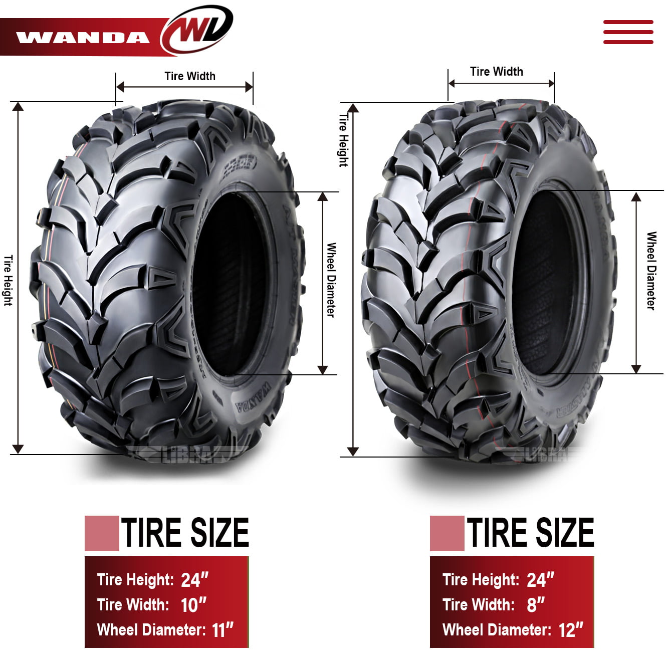 Set of 4 VANACC New ATV Tires 24x8-12 24x8x12 Front and 24x10-11 24x10x11 Rear 6PR Deep Tread Mud 