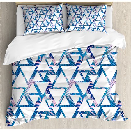 Tropical Queen Bedding Sets Leaf Queen Size Duvet Cover Set, Tropical Pattern with Exotic Palm Leaves and Geometrical Triangle Shapes, Decorative 3 Piece Bedding Set with 2 Pillow Shams, Blue Pale Pink White, by Ambesonne ()