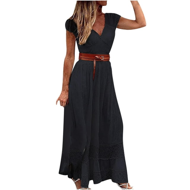 PENGXIANG Robes Bohémiennes Noires et Blanches pour Femmes Robe de Bal de Plage Robe de Fête Longueur Cheville avec Ceinture Robes de Retour à la Maison