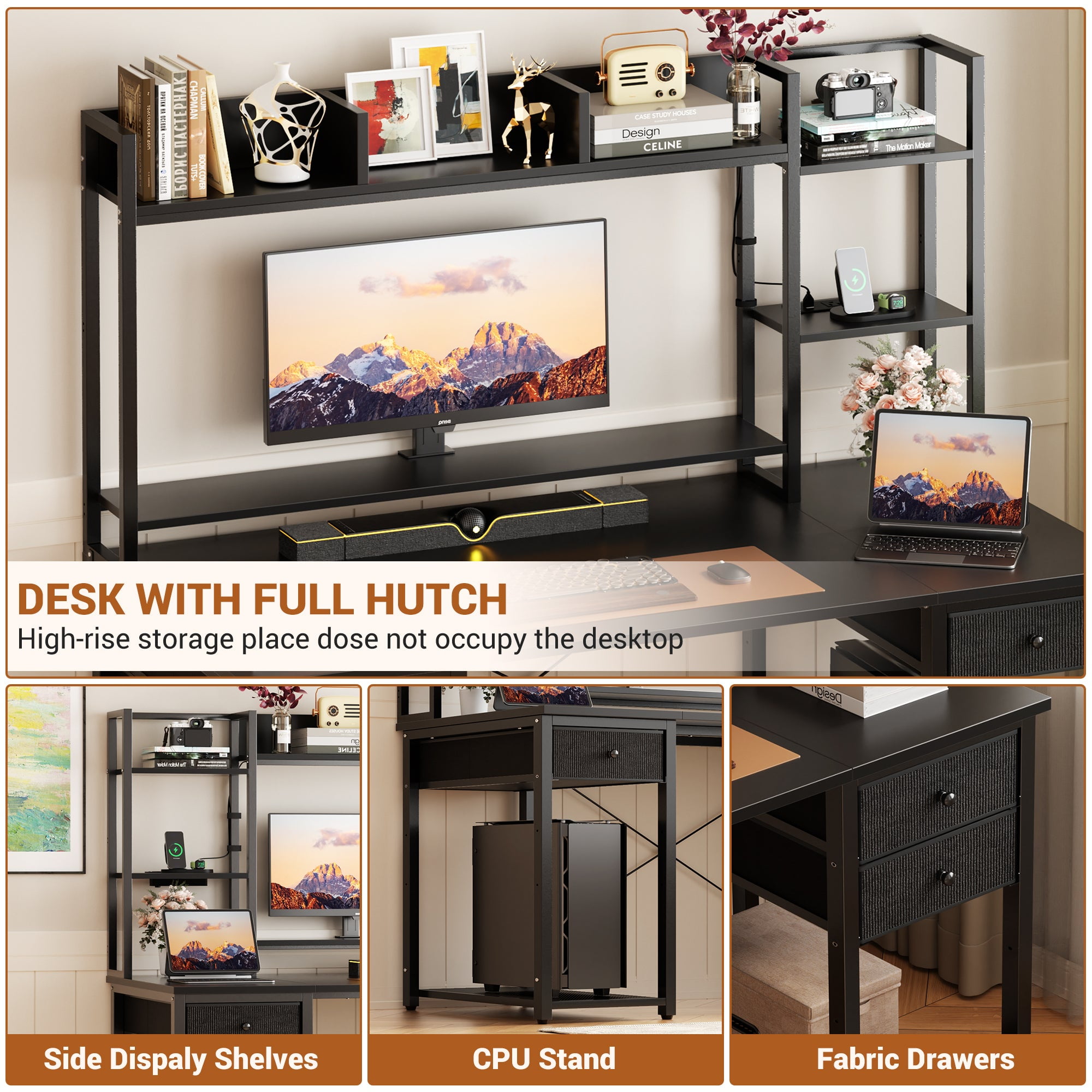 iSunirm Desk with LED Light and Power Outlet, 47.2'' Gaming Desk with Hutch, Reversible Computer Desk with Drawers, and Storage Bookshelf, Large Workstation Desk, for Home & Office, Black