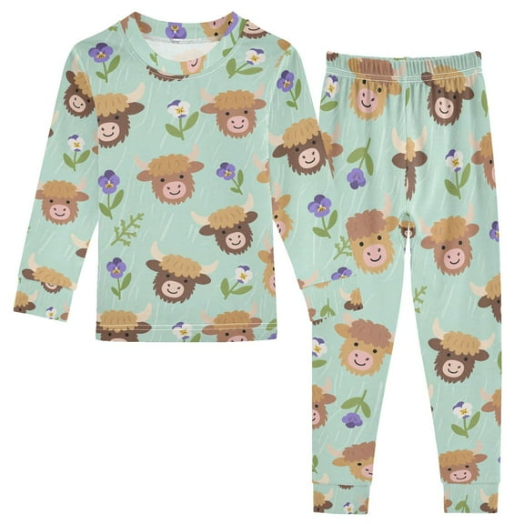 joogoo Cartoon Highland Cattle Flowers 2 Piece Long Sleeve Tee and Pants Cotton Pajama Set 5Y