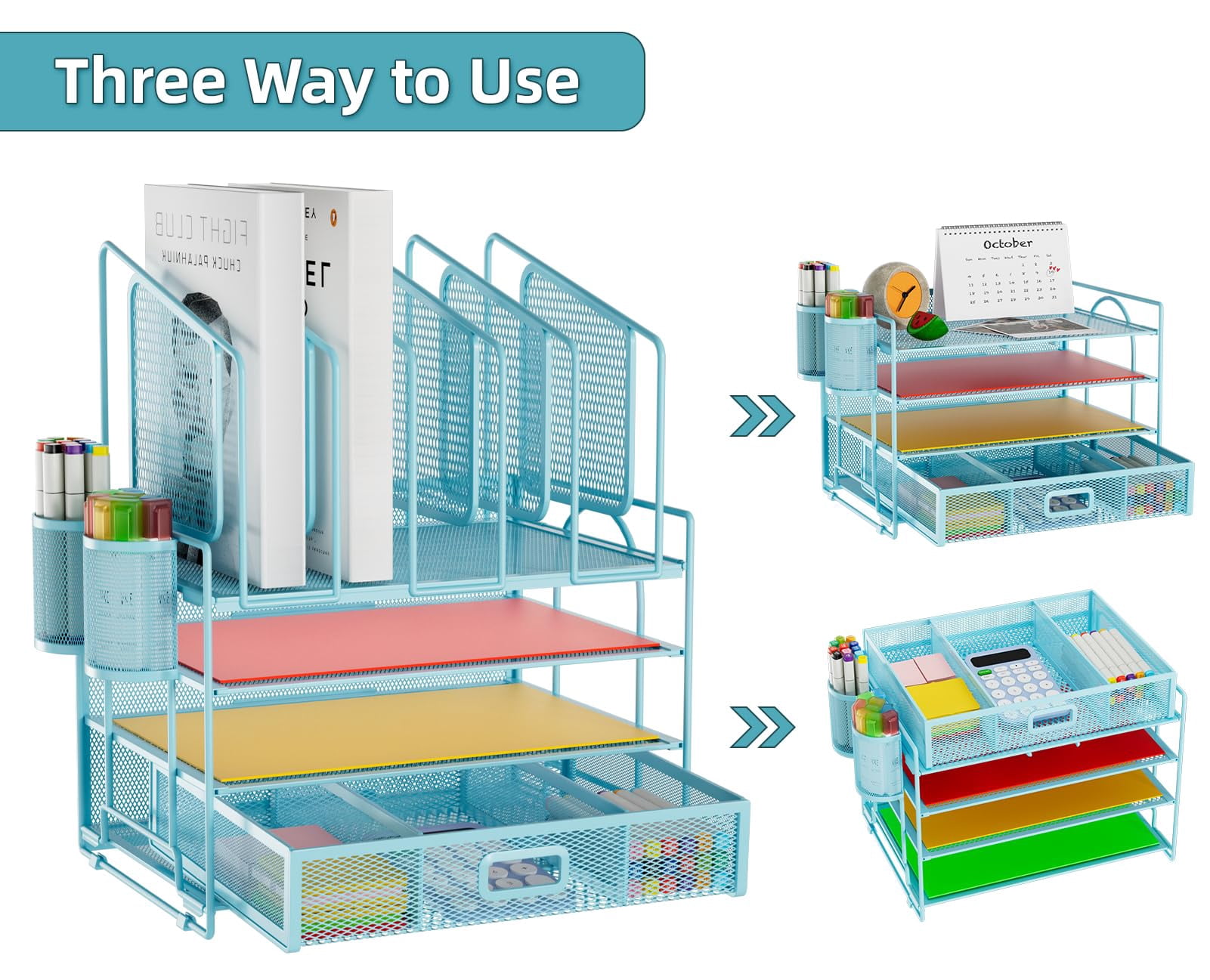 Desk Organizers  4-tier Mesh File Organizer With 5 Vertical Holders And 2 Pen Multifunction Desktop Accessories For Home Office (blue)