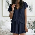 thumbnail image 2 of Womens 2 Pieces Pajamas Sets Solid Short Sleeve V-Neck Tops Ruffle Loose Shorts with Pockets PJs Sets Loungewear, 2 of 7