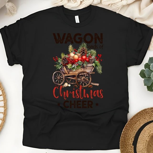 Wagon Christmas Cheer Shirt | Rustic Holiday Graphic Tee, Black, Size 3XL