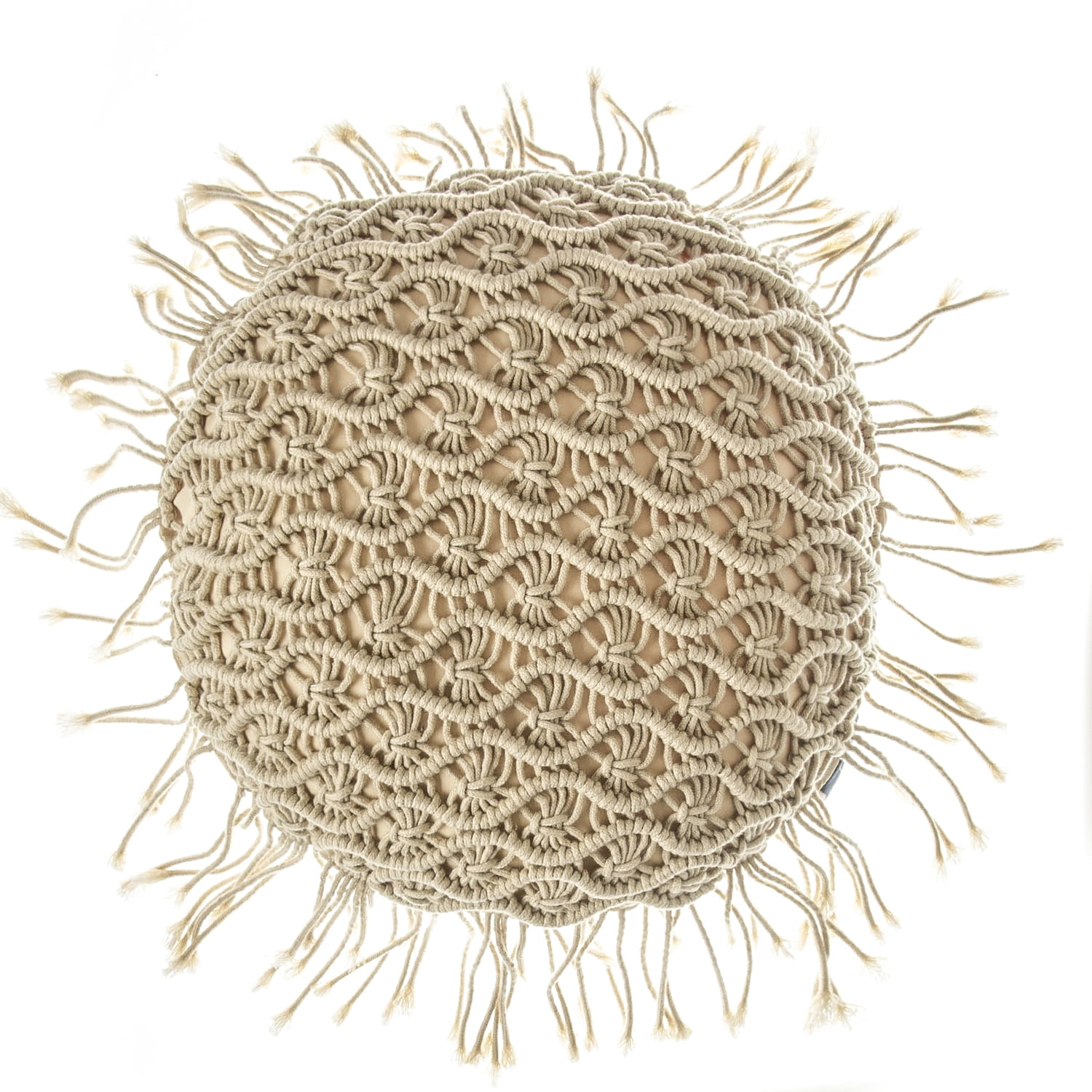 Phantoscope 100% Cotton Handmade Crochet Woven Boho with Tassels Series Decorative Throw Pillow, 16" x 16" Round, Beige, 1 Pack