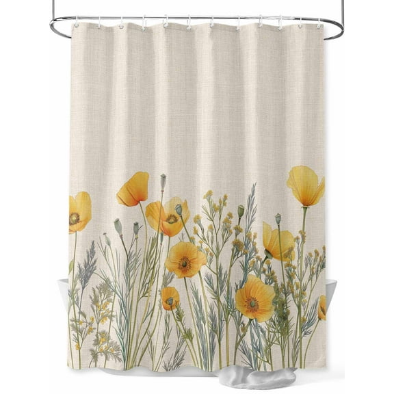 Minimalism Yellow Floral Shower Curtain, Watercolor Plants Linen Background Waterproof Shower Curtain Set with 12 Hooks Lightweight Washable Fabric Shower Curtains for Bathroom 72x78 Inches
