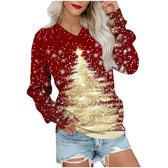 Fall Fashion Must Haves Womens Lightweight Christmas Tree Print Pullover Sweatshirt Long Sleeve V Neck Top with Pocket My Items