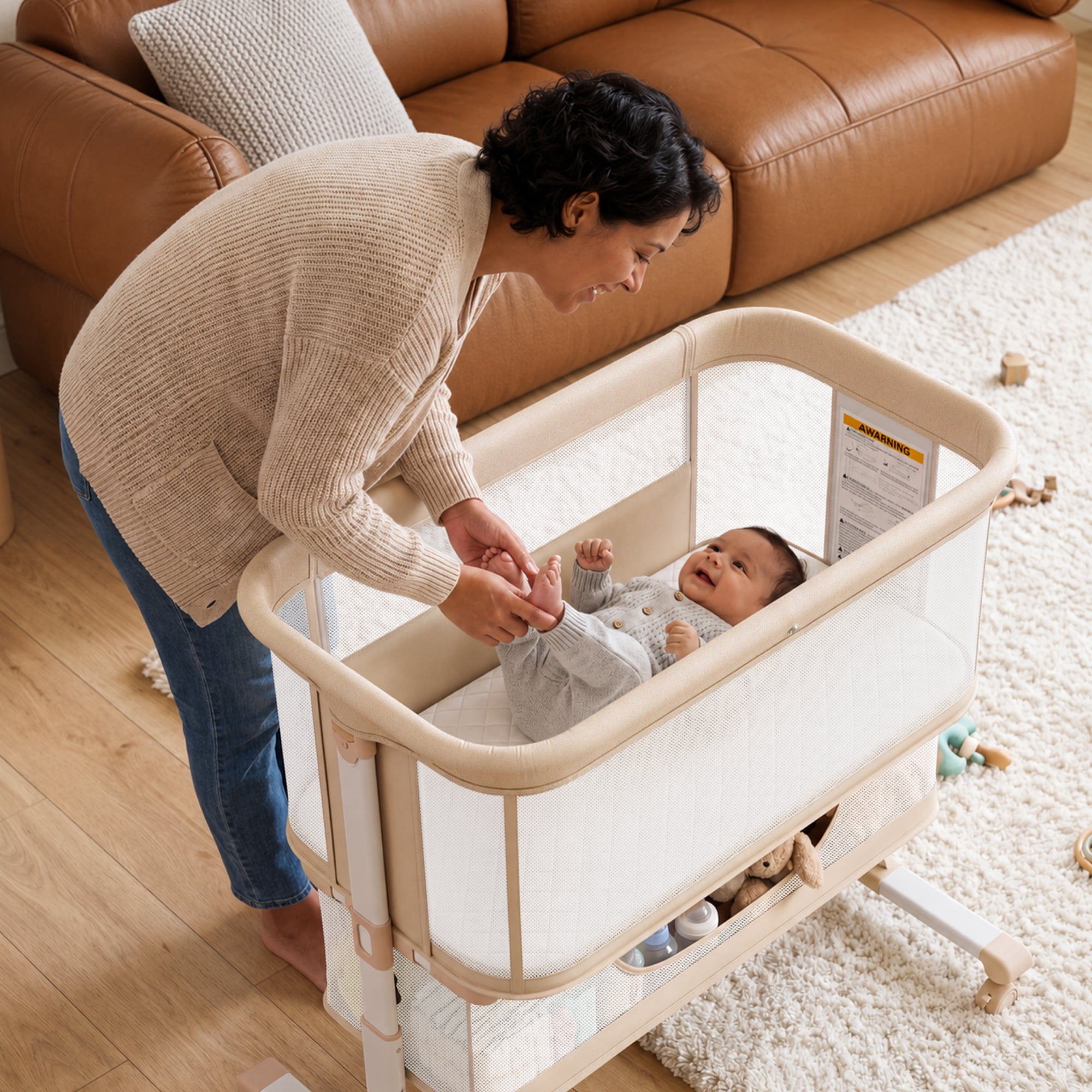 AILEEKISS Bedside Bassinet for Newborn, 6 Height Adjustable Baby Bassinet with Mosquito Net, Beige