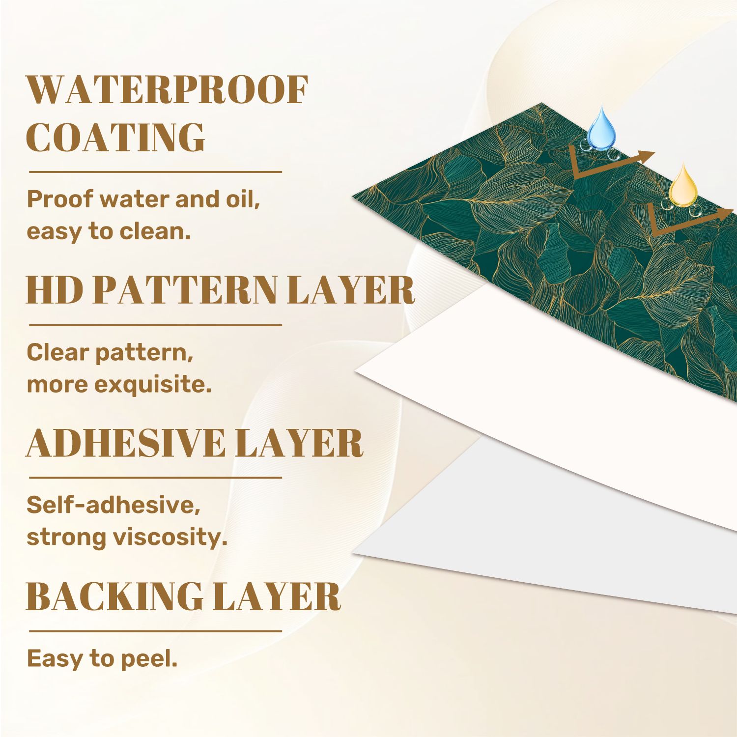 Peel and Stick Wallpaper 17.7in x 9.8ft Abstract Botanical Delicate Golden Leaf Lines Dark Green Contact Paper Vinyl Self-Adhesive Removable Wall Paper for Bedroom DIY Home Decor Renter Friendly