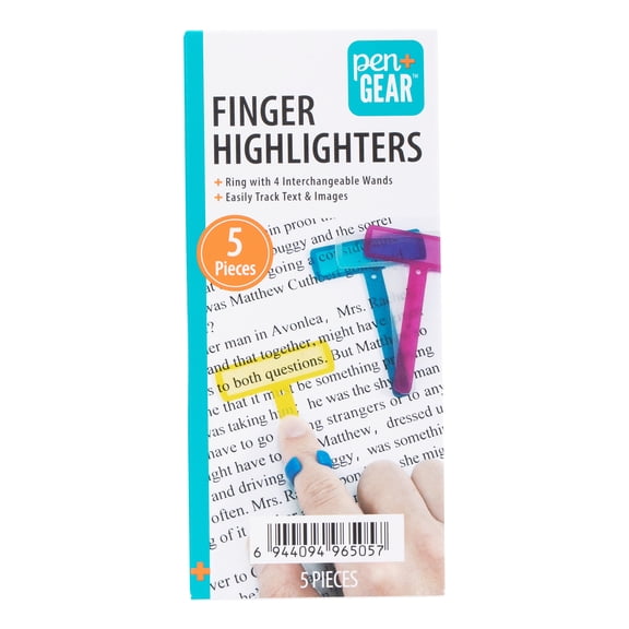 Pen+Gear Finger Reading Highlighter, 5-Piece Set, Includes 4 Wands (2.9" x 2.0") and 1 Finger Ring (0.7" Radius), for Teens and Kids, Various Color