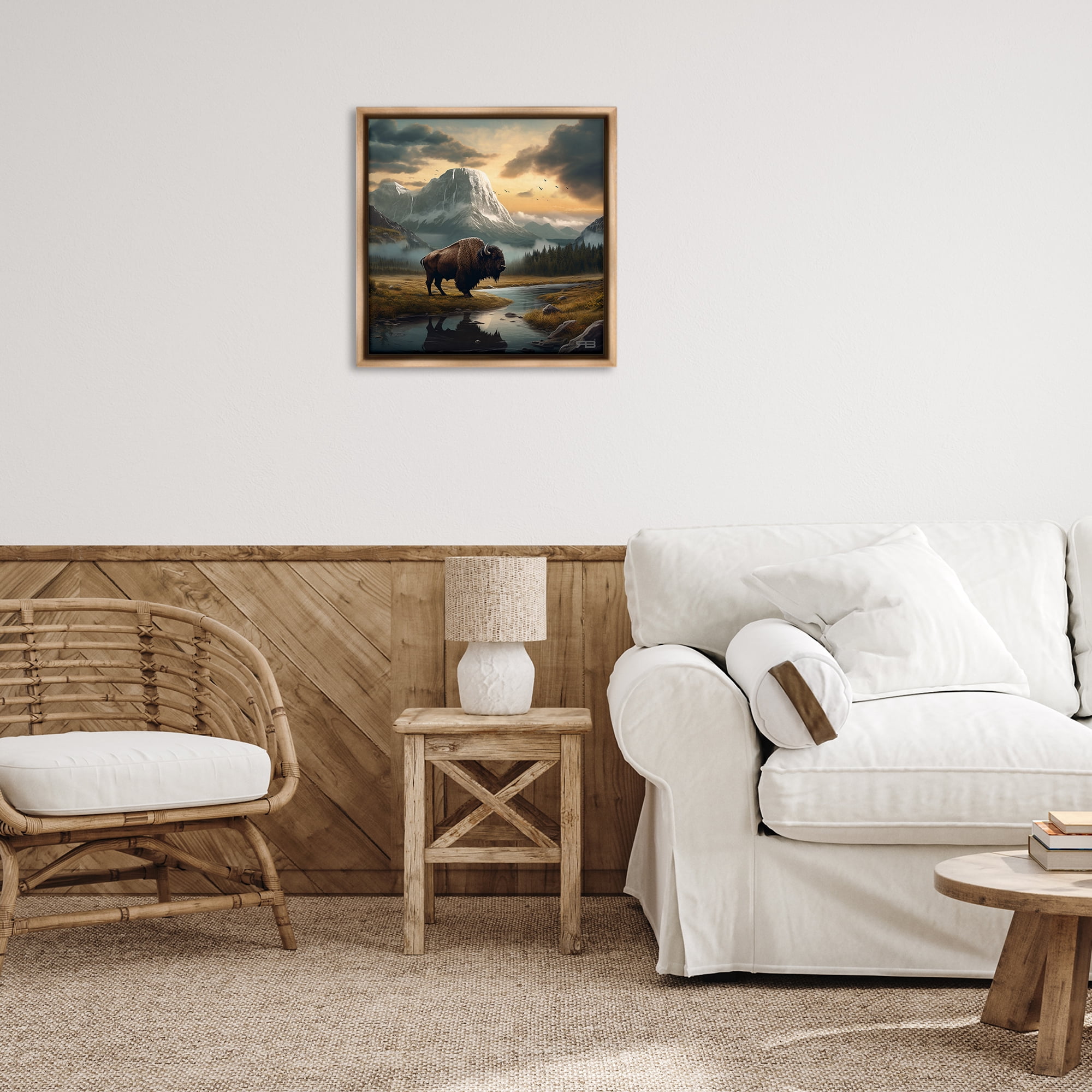 Stupell Industries Bison & Vast Mountains Landscape & Nature Painting Brown Floater Framed Canvas Art Print Wall Art, 25 x 25