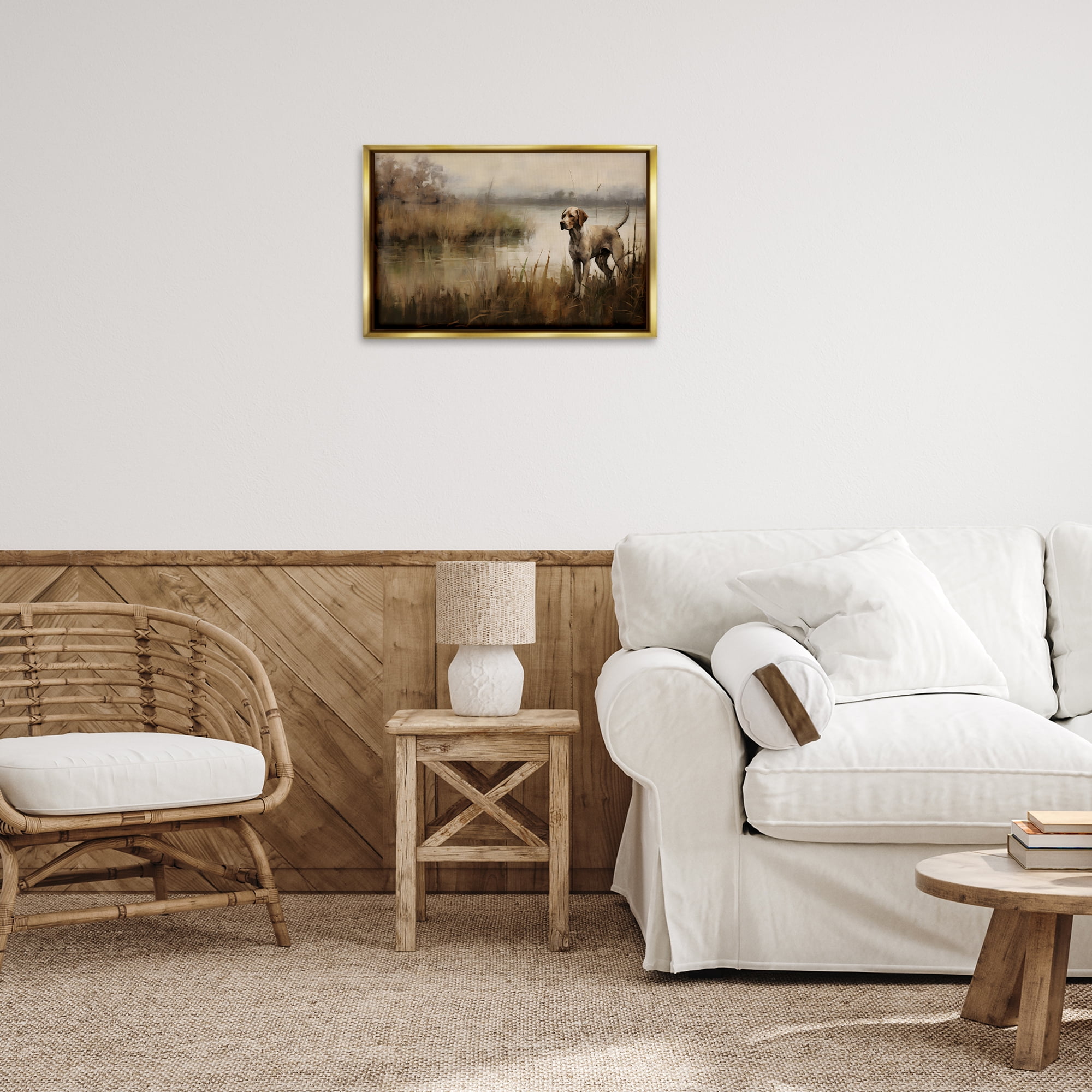 Stupell Industries Hunting Dog in Nature Landscape Painting Gold Floater Framed Canvas Art Print Wall Art, 25 x 17