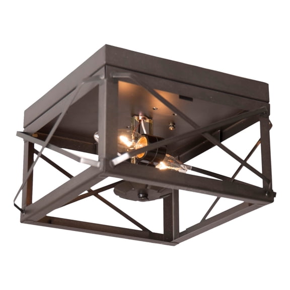 Irvin's Tinware, 145AXKB, 2 Light Flush Mount Double Ceiling Light with Folded Bars in Kettle Black, Primitive Country Tin Lighting