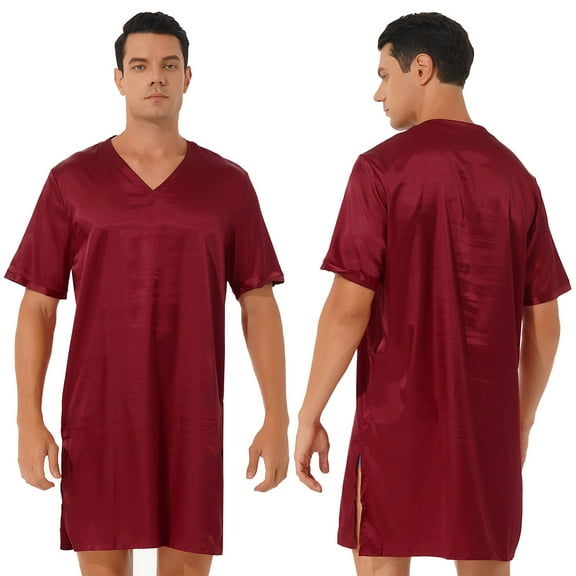 TiaoBug Mens Satin Nightgowns V Neck Short Sleeve Sleepwear Pajamas M-XXL Burgundy XL