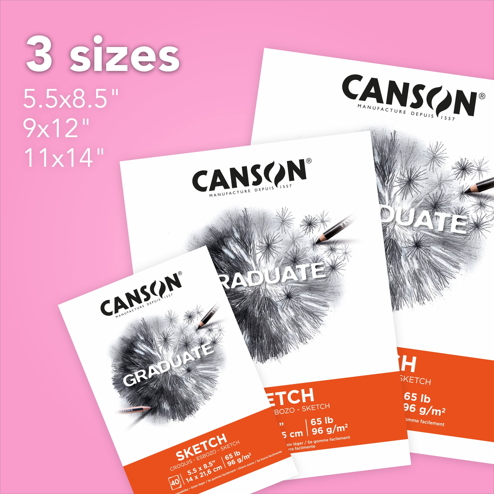 Canson Graduate Sketch Pad, Foldover Binding, 40 Sheet, 9x12 inch, Pack of 3