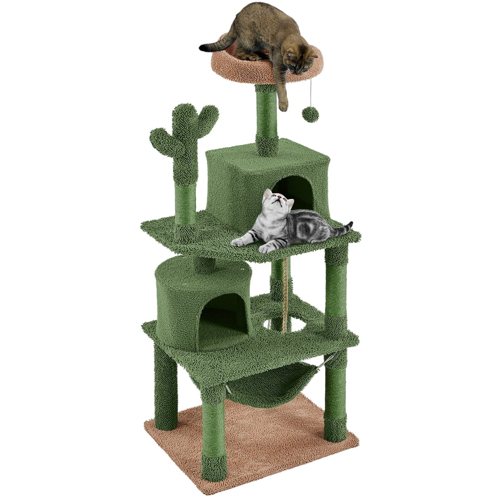 Yaheetech 62.5'' Multi-Level Cactus Cat Tree with Perch, 2 Condos & Hammock, Green/Brown