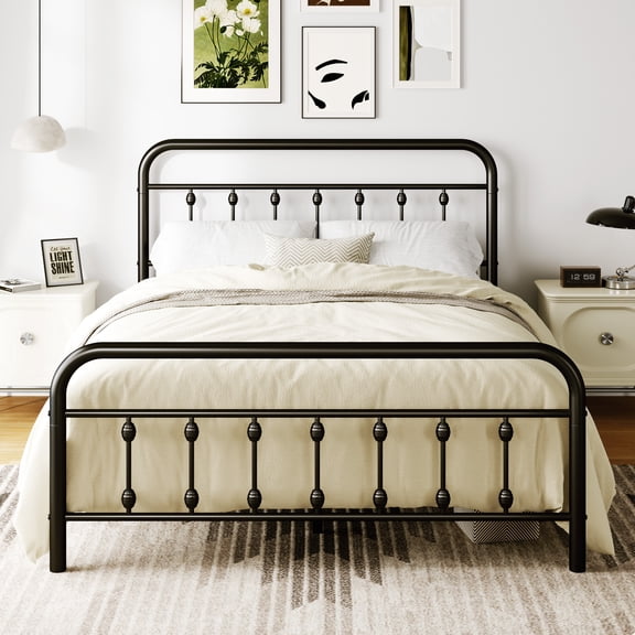 Amolife Queen Size Metal Platform Bed Frame with Vintage Headboard & 12.6" Under-Bed Storage, Black