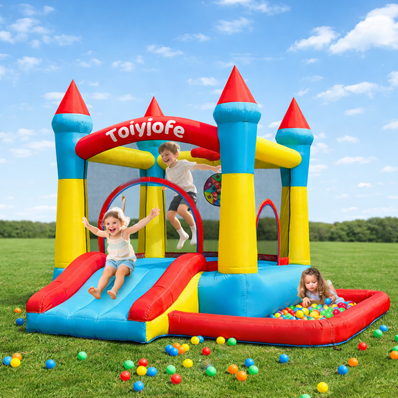 Toiyjofe Toddler Bounce House with Slide & Ball Pit, Compact Inflatable Bouncer with Blower for Kids Ages 3-6, Indoor Outdoor Play
