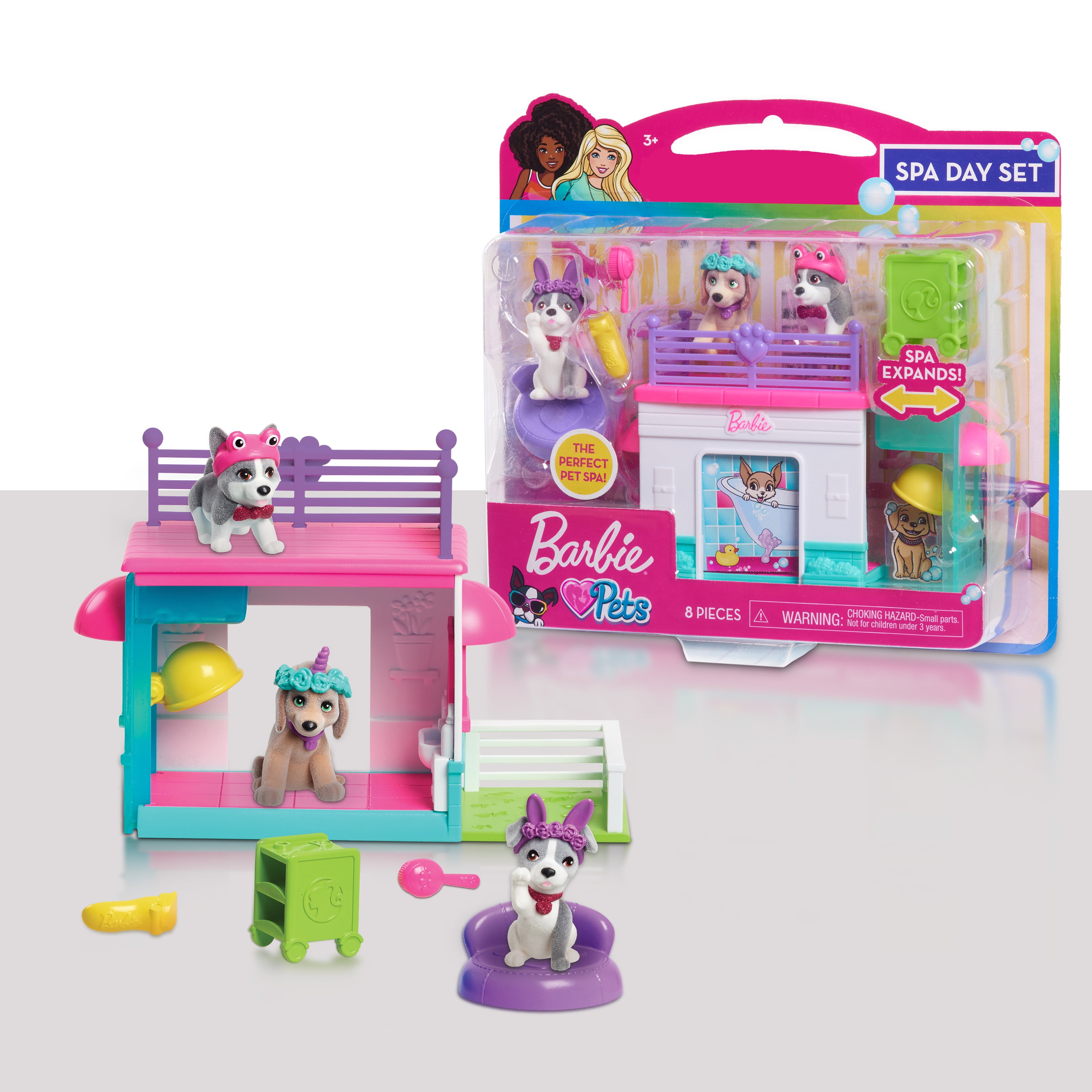 Barbie Pets Spa Day Playset, 8 Piece Connectible Playset with Pet Figures and Accessories, Kids Toys for Ages 3 up