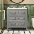 thumbnail image 3 of 30" Solid Wood Compact Freestanding Cabinet, Bathroom Storage Unit with 3 Drawers, Modern Small Bathroom Vanity with Ceramic Sink for Bathroom, Gray, 3 of 9