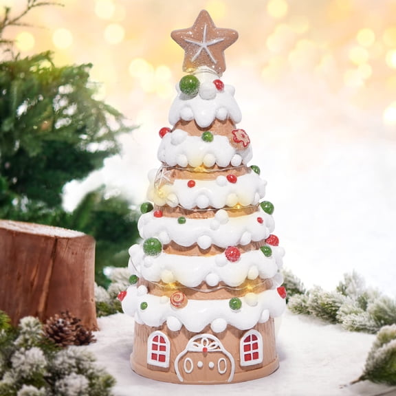 Hodao Gingerbread Christmas Tree LED Light up Figurine – Resin Decoration with Candy Accents – Christmas Tabletop Decor – Winter Home Decor
