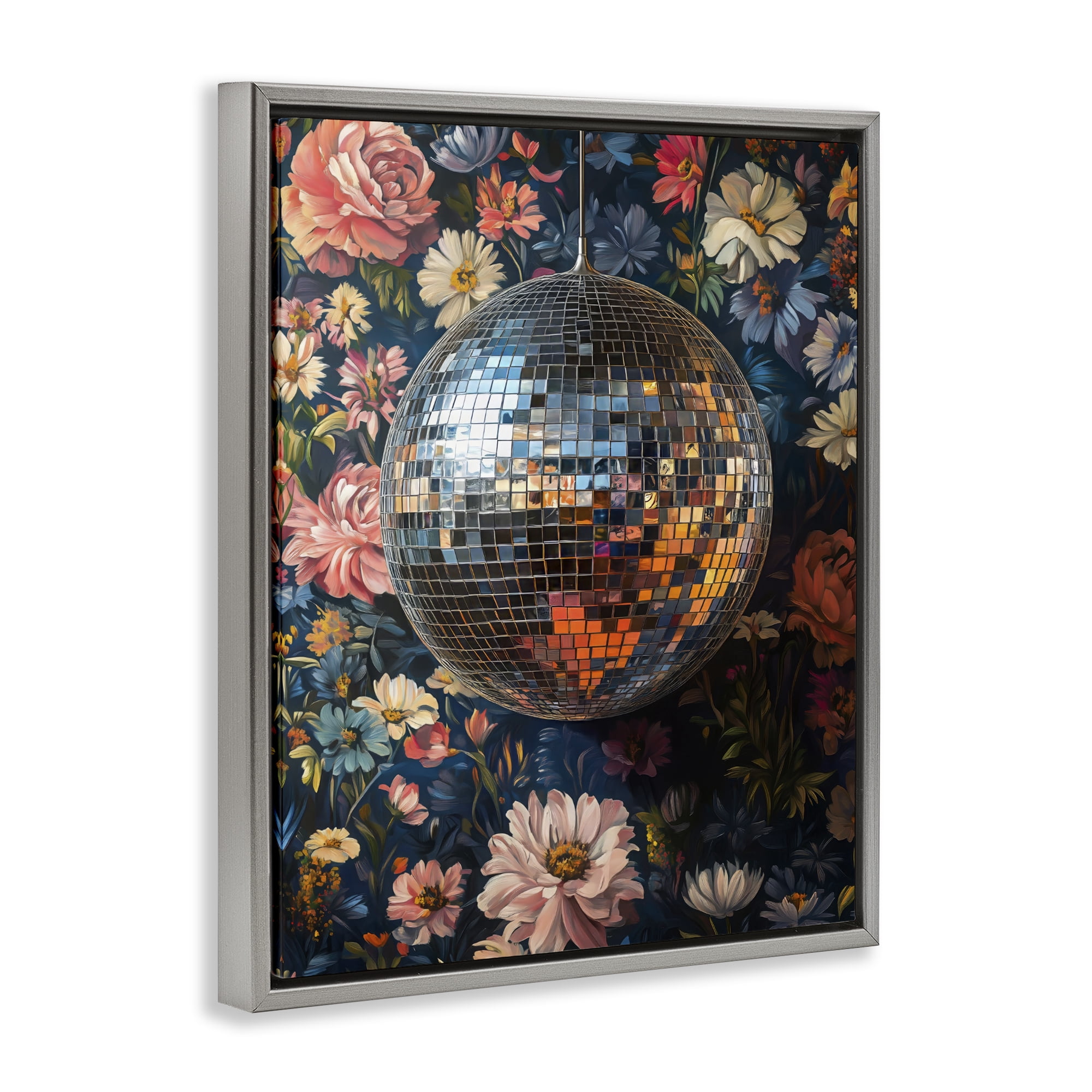 Stupell Industries Floral Disco Ball Reflection Gray Framed Floater Canvas Wall Art, design by LSR Design Studio