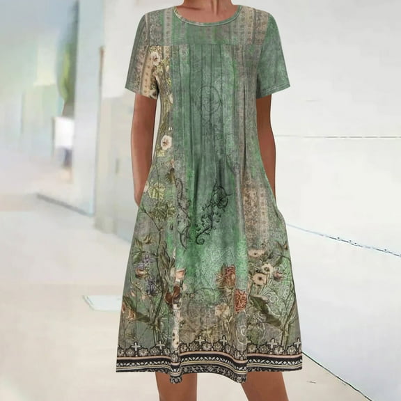 Sakmal Dresses for Women Elegant Basic Graphic Loose Fit Comfort Fit Short Sleeve Green Mid-Length Shift Dress