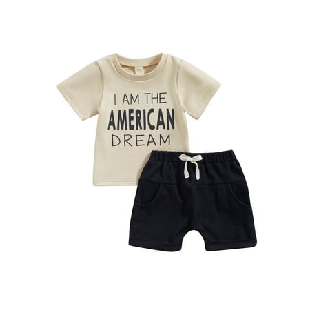 

Toddler Baby Boys Girls Fourth of July Outfits Independence Day Short Sleeve Letter Print Tops + Pocket Shorts Set
