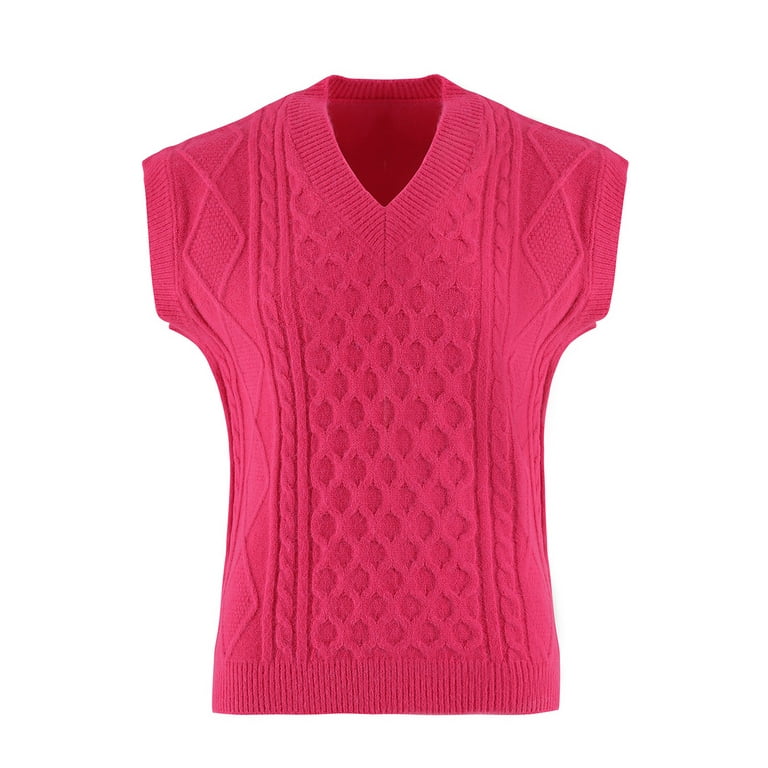 Stylish Women Casual V-Neck Hollow Diamond Knitted Vest Sweater Vest Autumn  Winter Top Hot Pink L