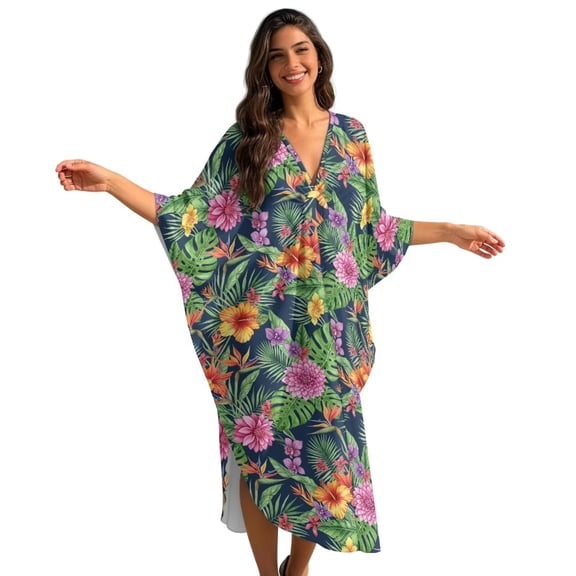 Xixirimido Tropical Hibiscus Hydrangea Leaf Print Women Kaftan Dresses Plus Size Beach Cover Up Deep V-Neck Batwing Sleeves Swimsuit Coverups Summer Caftan Dress