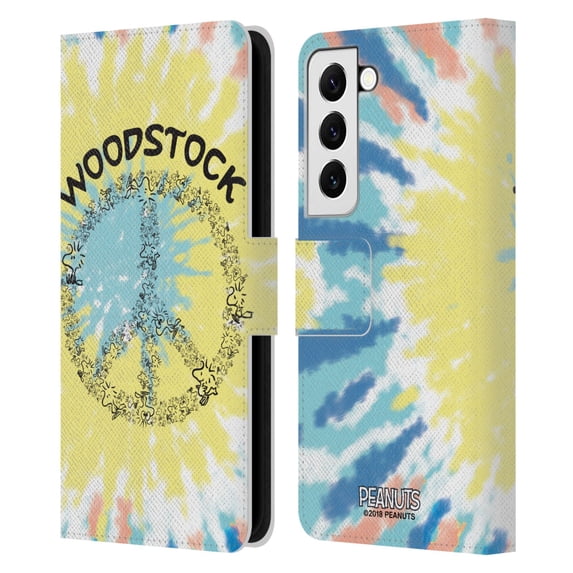 Head Case Designs Officially Licensed Peanuts Woodstock 50th Tie Dye Peace Sign Leather Book Wallet Case Cover Compatible with Samsung Galaxy S22 5G