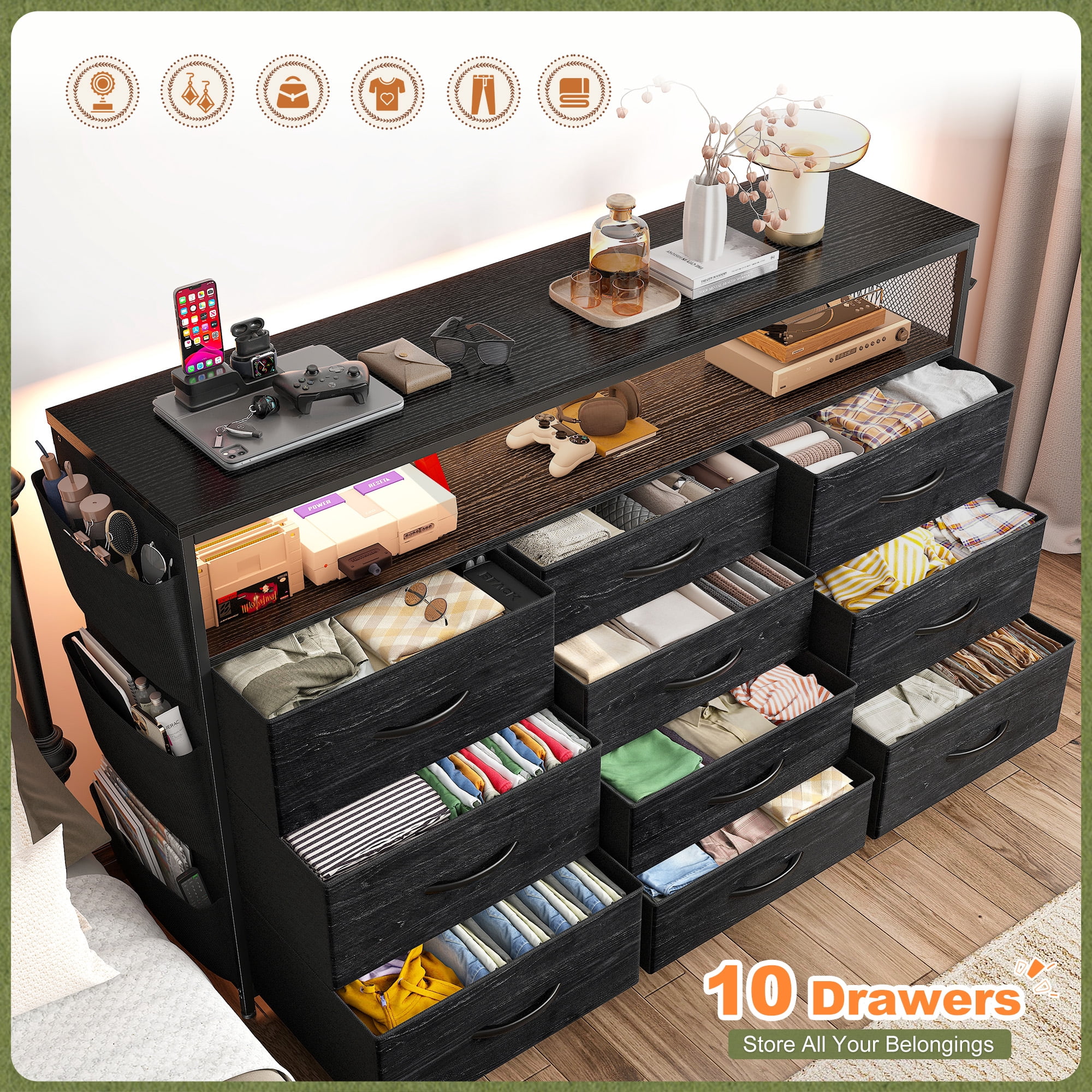 Romorgniz 10 Drawer Dresser,Black Dressers for Bedroom TV Stand with Power Outlets & LED Lights & Entertainment Center,Chest of Drawers with Shelves & Side Pockets & Hook Fabric