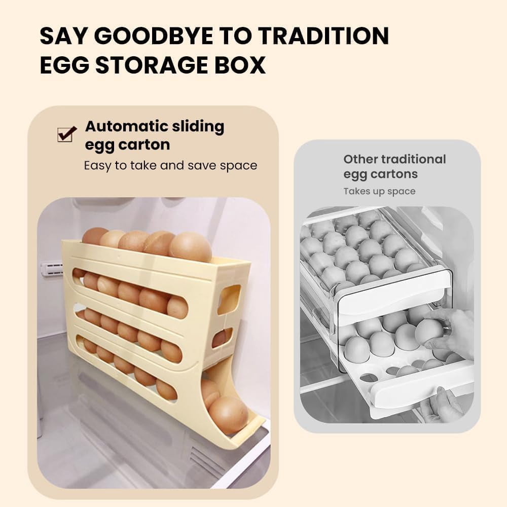 4 Tiers Egg Holder for Fridge,2024 New Automatic Scrolling Egg Rack Holder,Large Capacity Eggs Organizer Storage 30 Egg for Refrigerator Egg Storage (Transparent,1PCS)