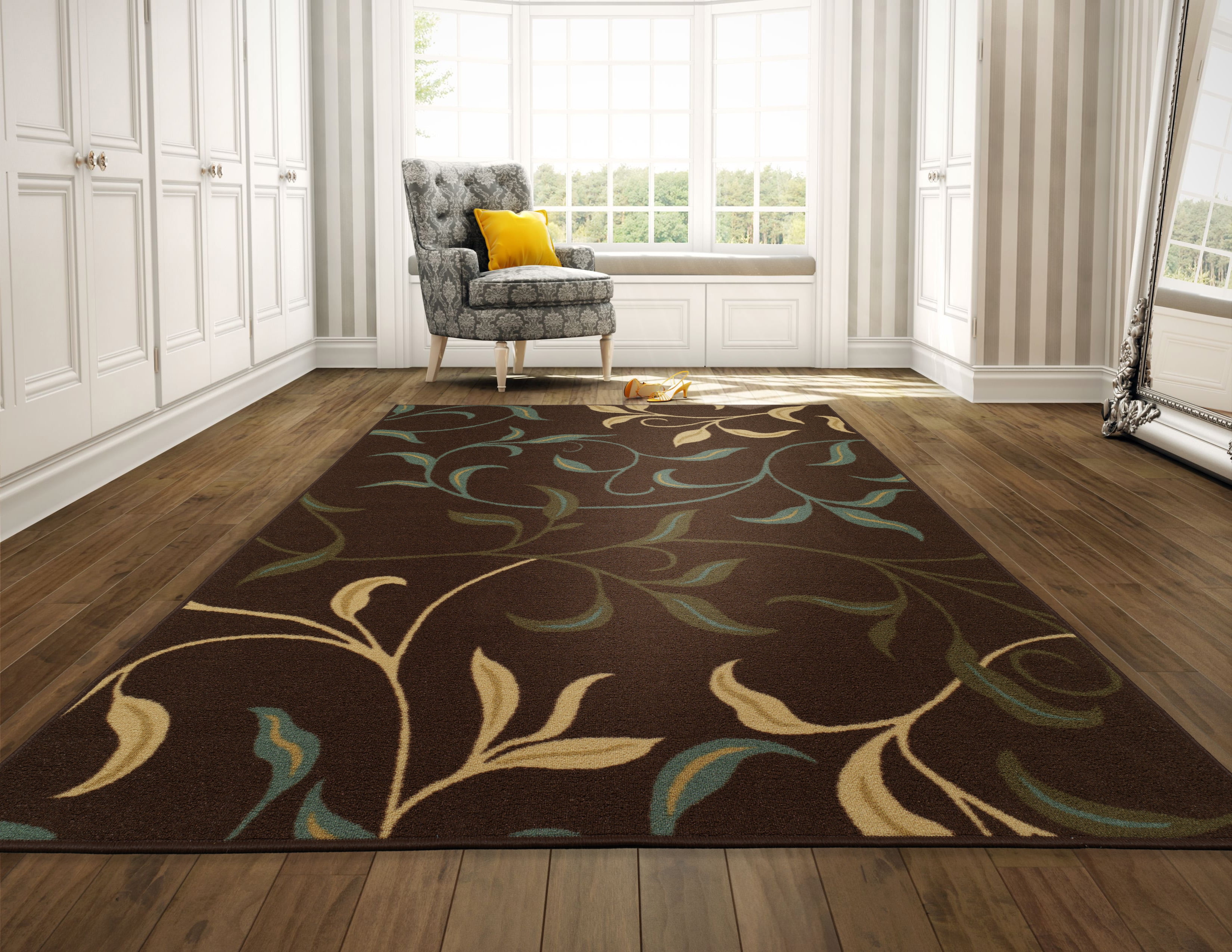 x 7 ft Oval Area Rugs Brown 5 ft Seafoam Leaves Spot Clean Non-Skid Rubber Mat 