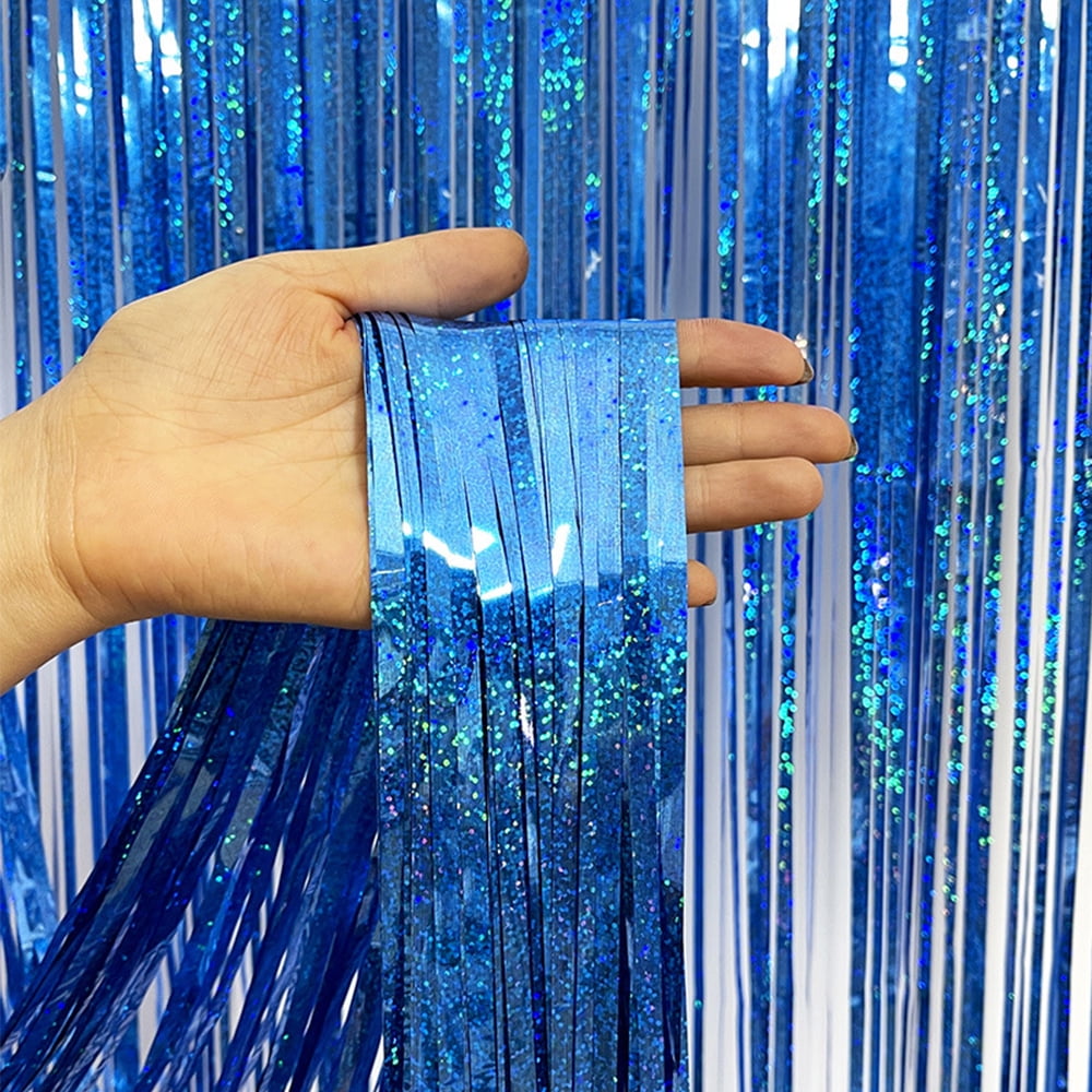Blue Fringe Curtain Party Decorations 2 Pack, Foil Fringe Backdrop