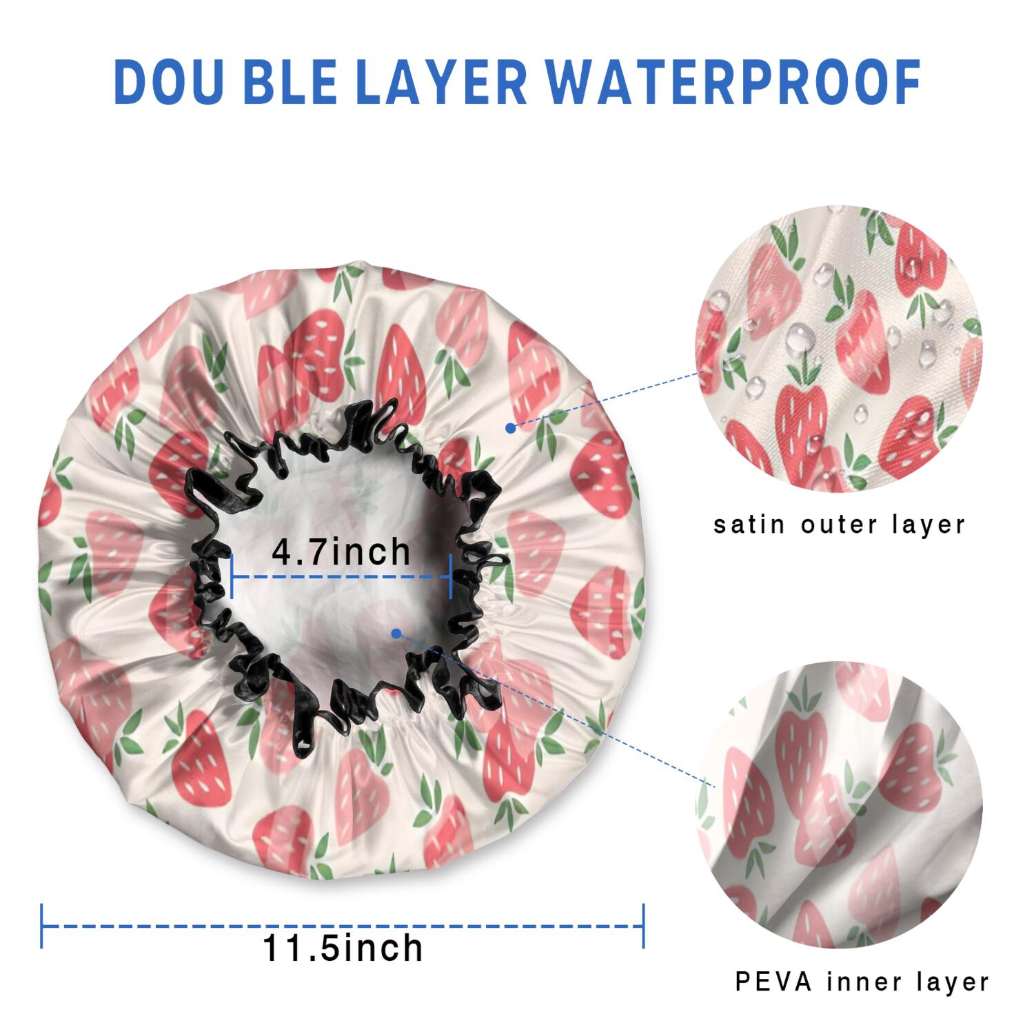 Shower Caps,Strawberry Plants Fruit Light Pink Pattern Waterproof Shower Cap for Women 4 Pieces,Double Reusable Hair Cover for Shower PEVA Elastic Stretch Hem