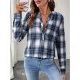 thumbnail image 5 of Women'S V Neck Plaid Shirts Dressy Casual Button-Down Business Work Boho Tops Long Sleeve Fall Outfits Navy Blue S, 5 of 9