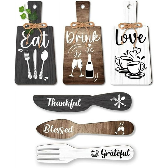 6pcs Kitchen Wall Decor Start Drink Sign Set Wood Pendant Accessories Mini Wood Plaque Fork and Spoon Shape Decorations Rustic Style Home Dector Black Brown White 11x5.5/11.8x2 diy