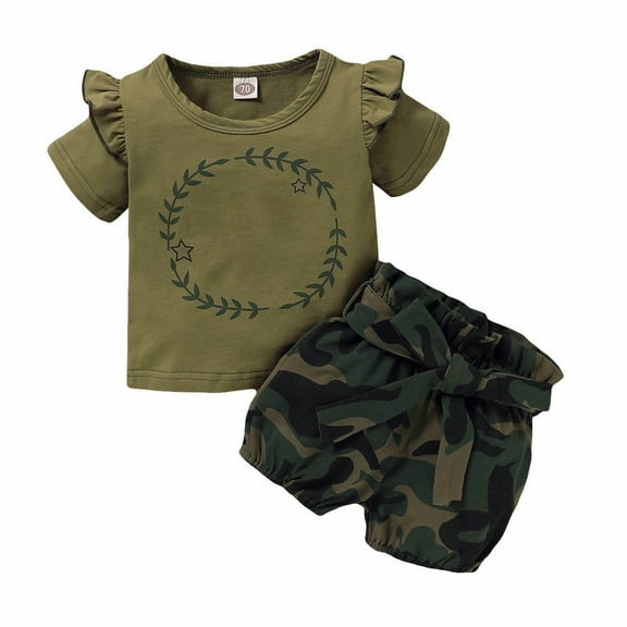 Mercatoo Baby Girl Clothes Toddler Outfits Short Sleeve Ruffle T Shirt Camouflage Shorts 3Pcs Summer Clothing for Little Girls