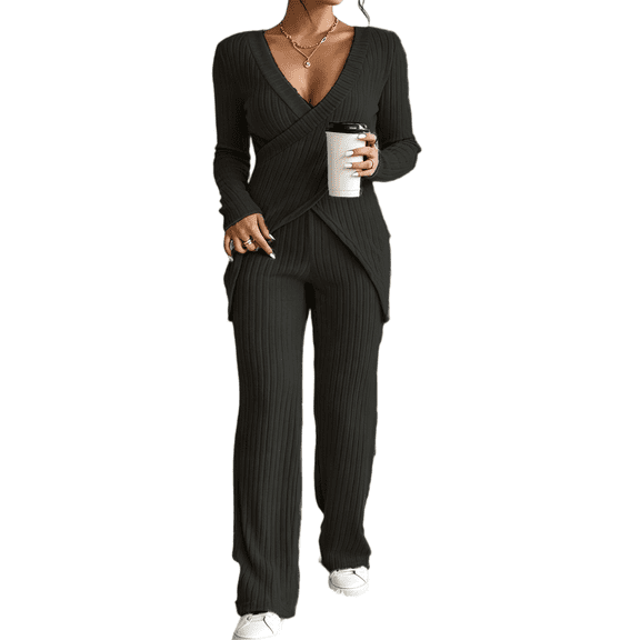 Hsovts Womens Fall Ribbed Knit Two Piece Outfits,Long Sleeve Cross Wrap V Neck Top Wide Leg Pants Casual Women Lounge Suit